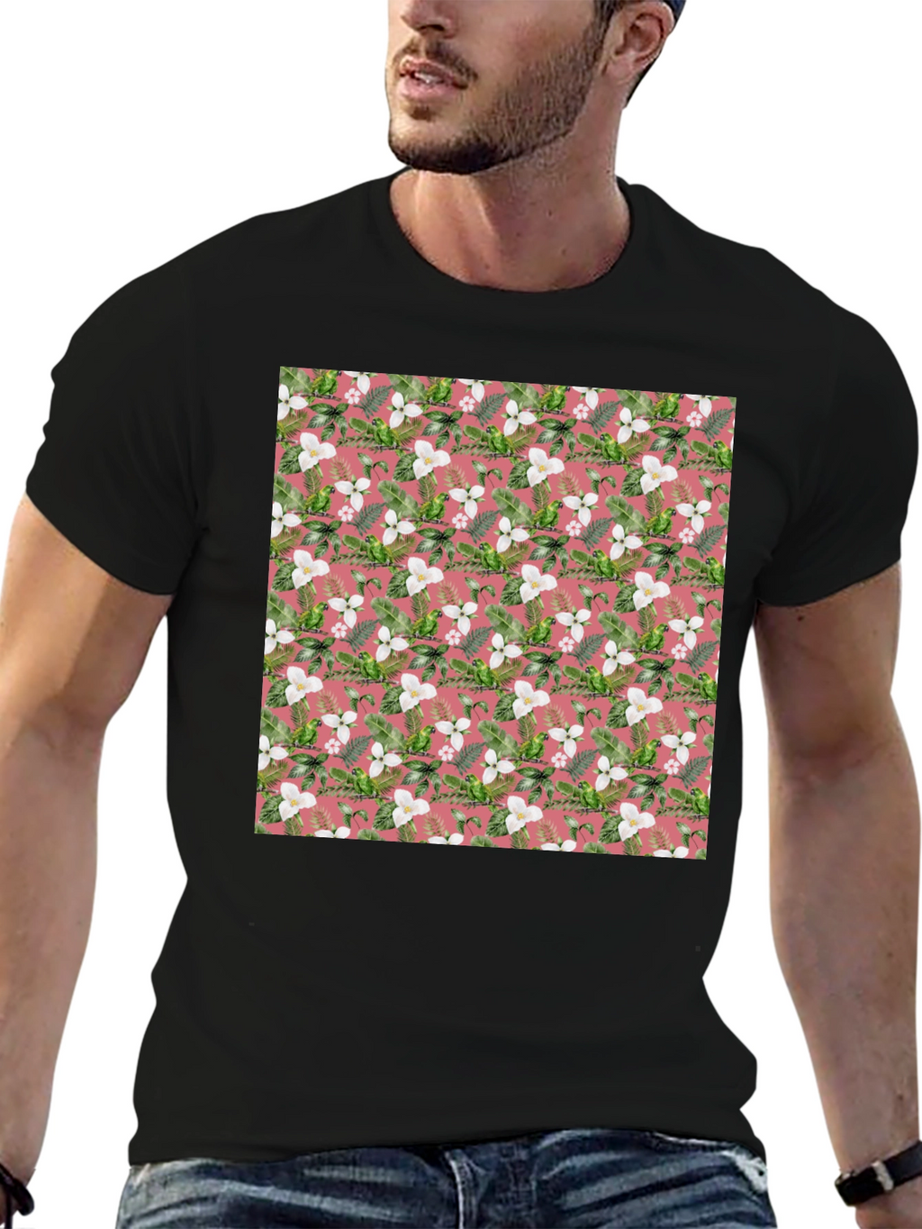 Floral Pattern Mens Black T-Shirt