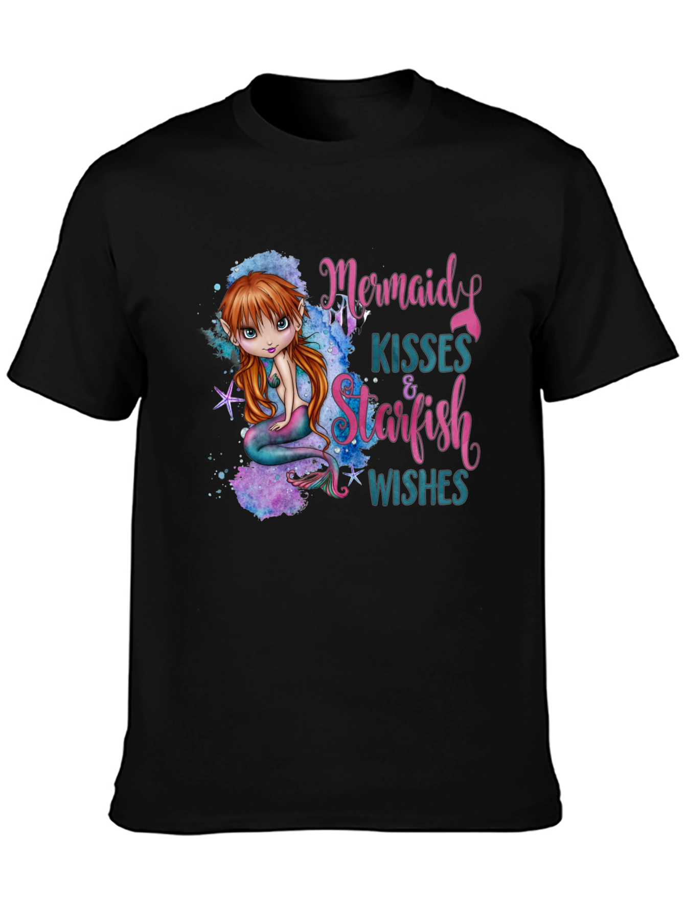 Mermaid Kisses & Starfish Wishes Black T-Shirt