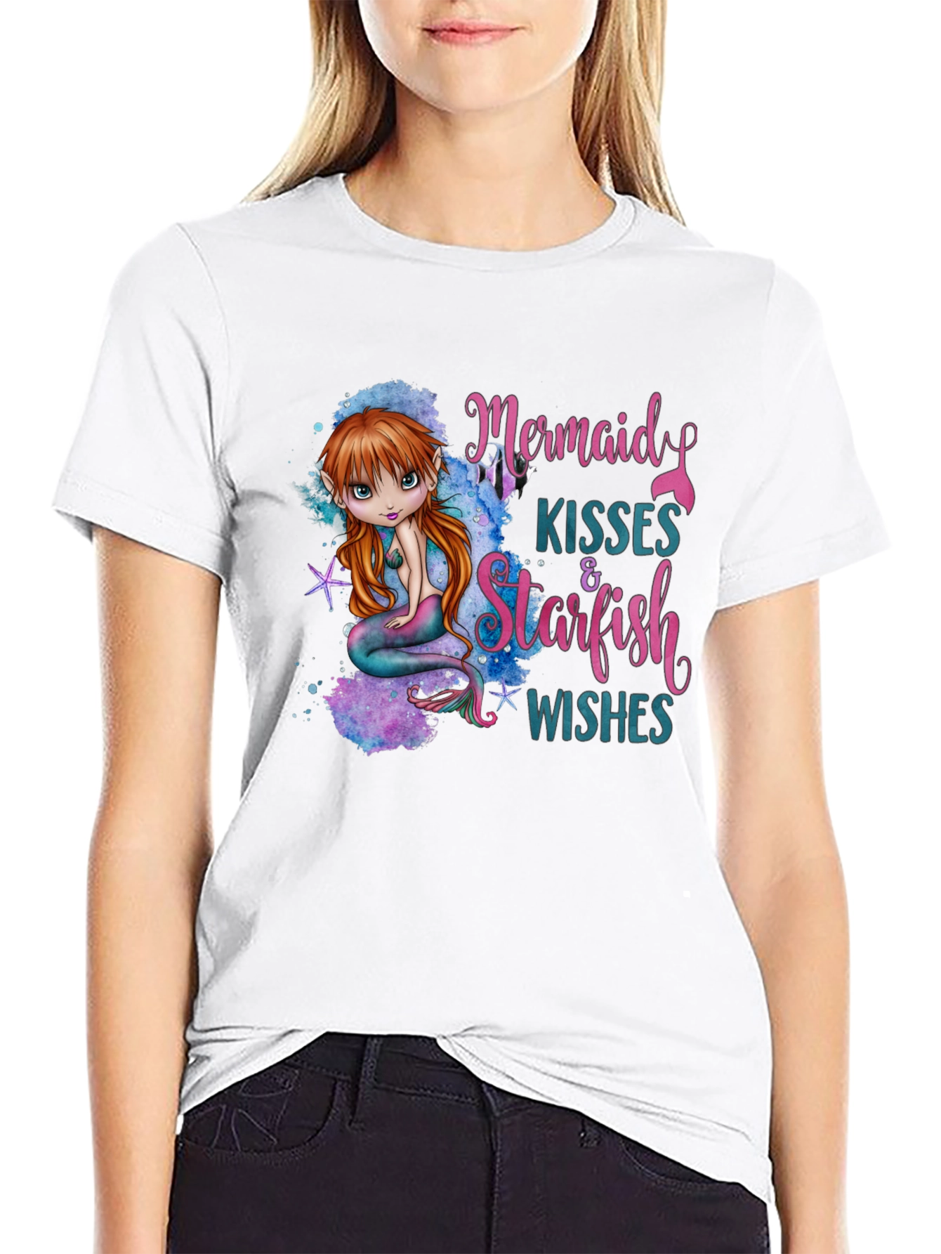 Mermaid Kisses & Starfish Wishes Black T-Shirt