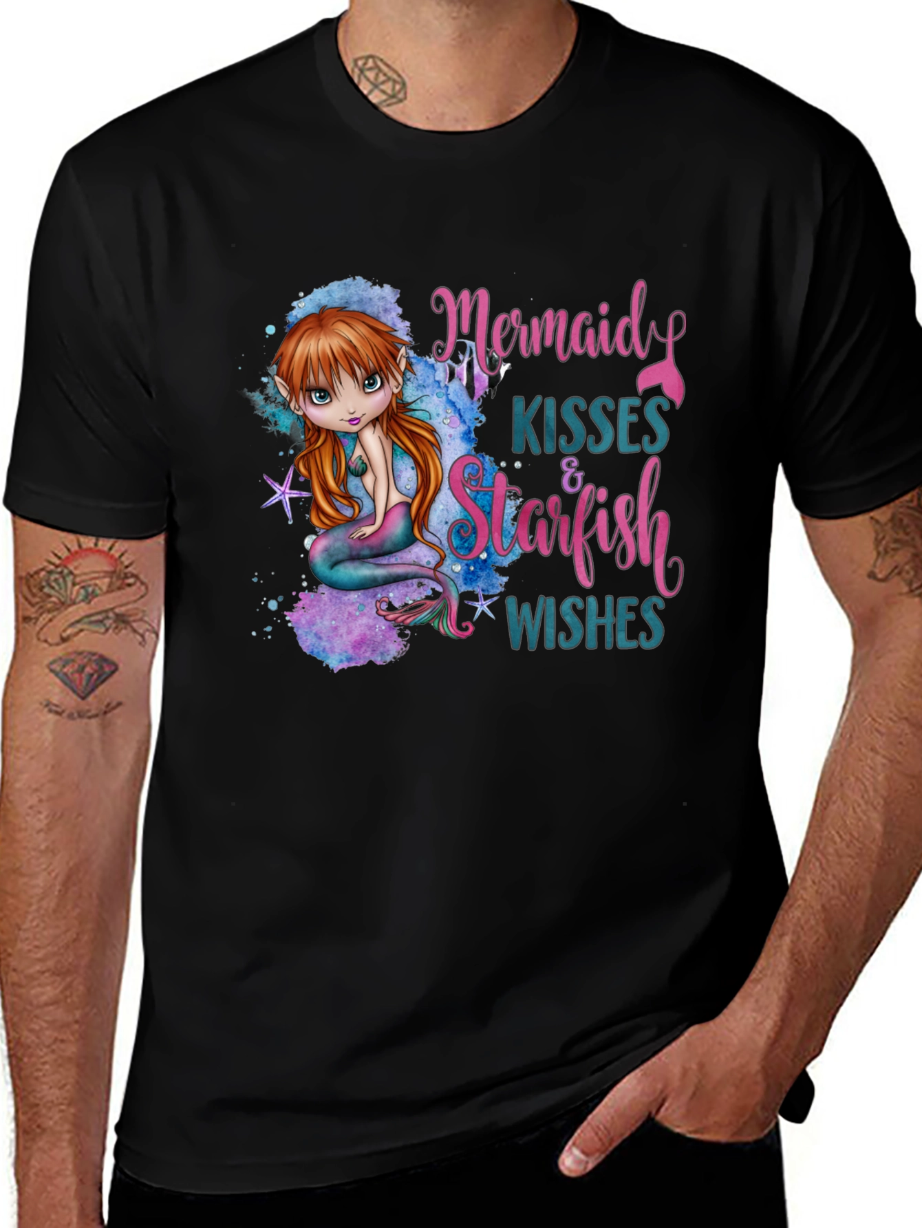 Mermaid Kisses & Starfish Wishes Black T-Shirt