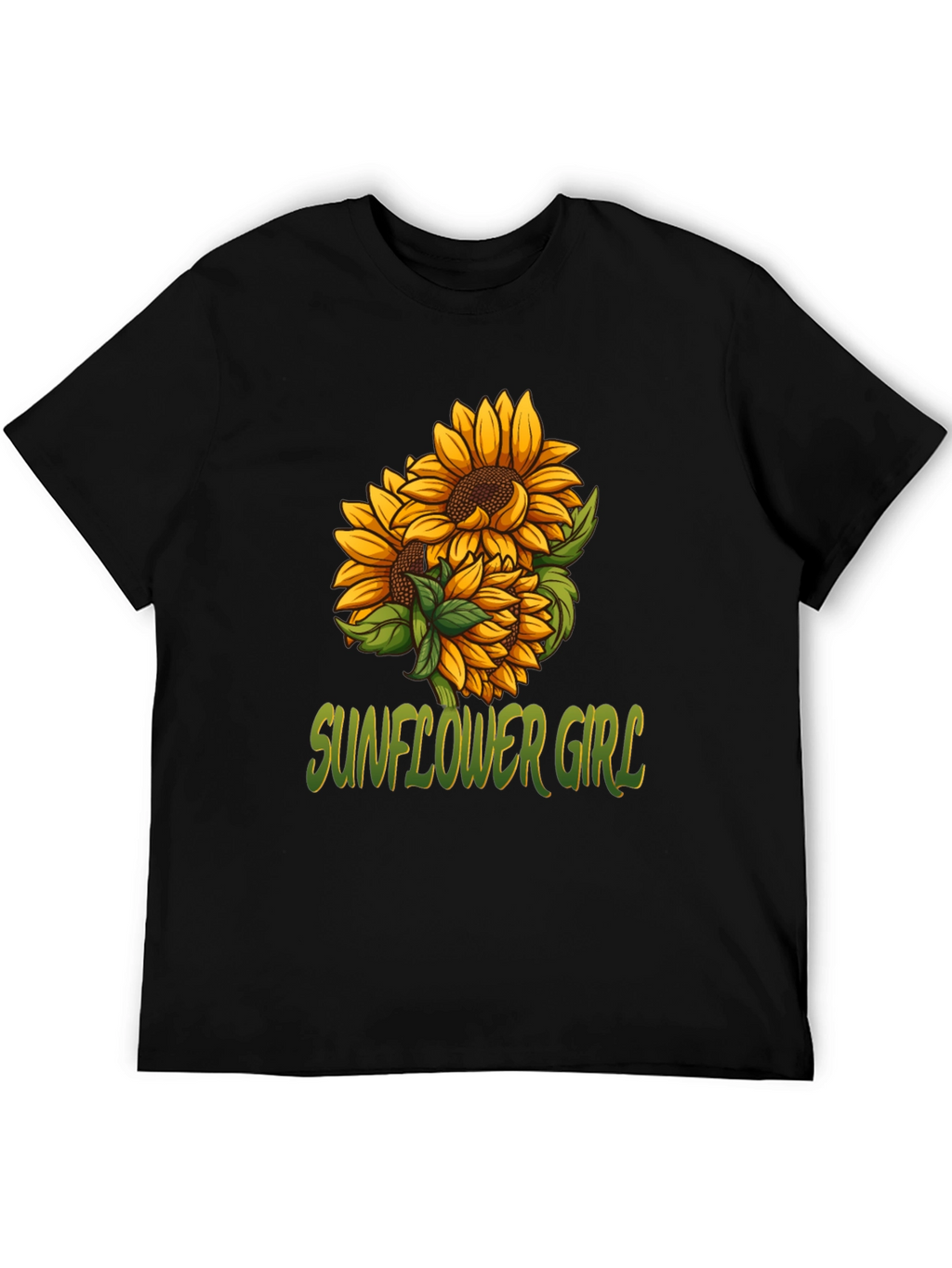 Sunflower Girl Graphic Tee - Black Cotton Casual T-Shirt