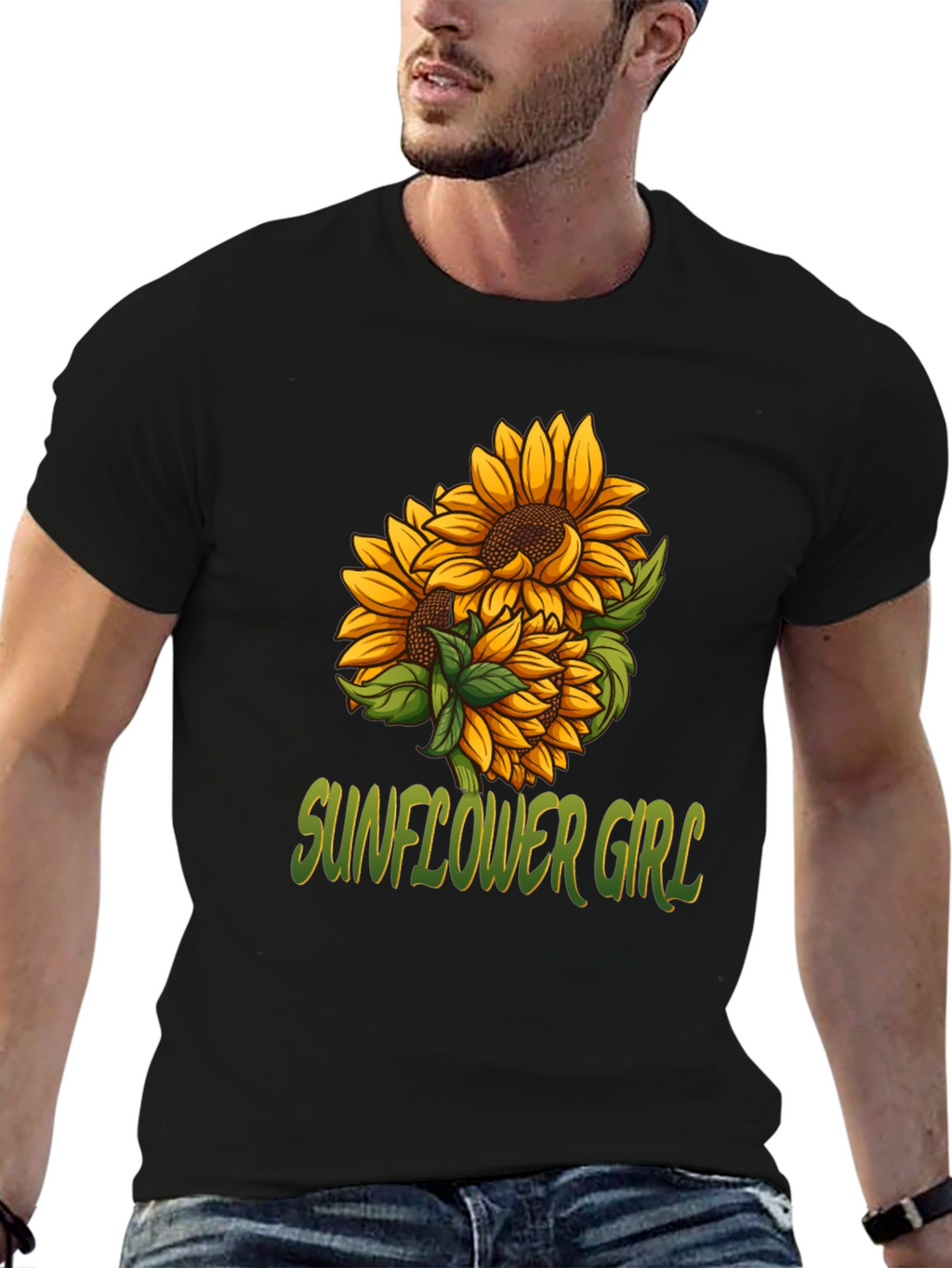 Sunflower Girl Graphic Tee - Black Cotton Casual T-Shirt