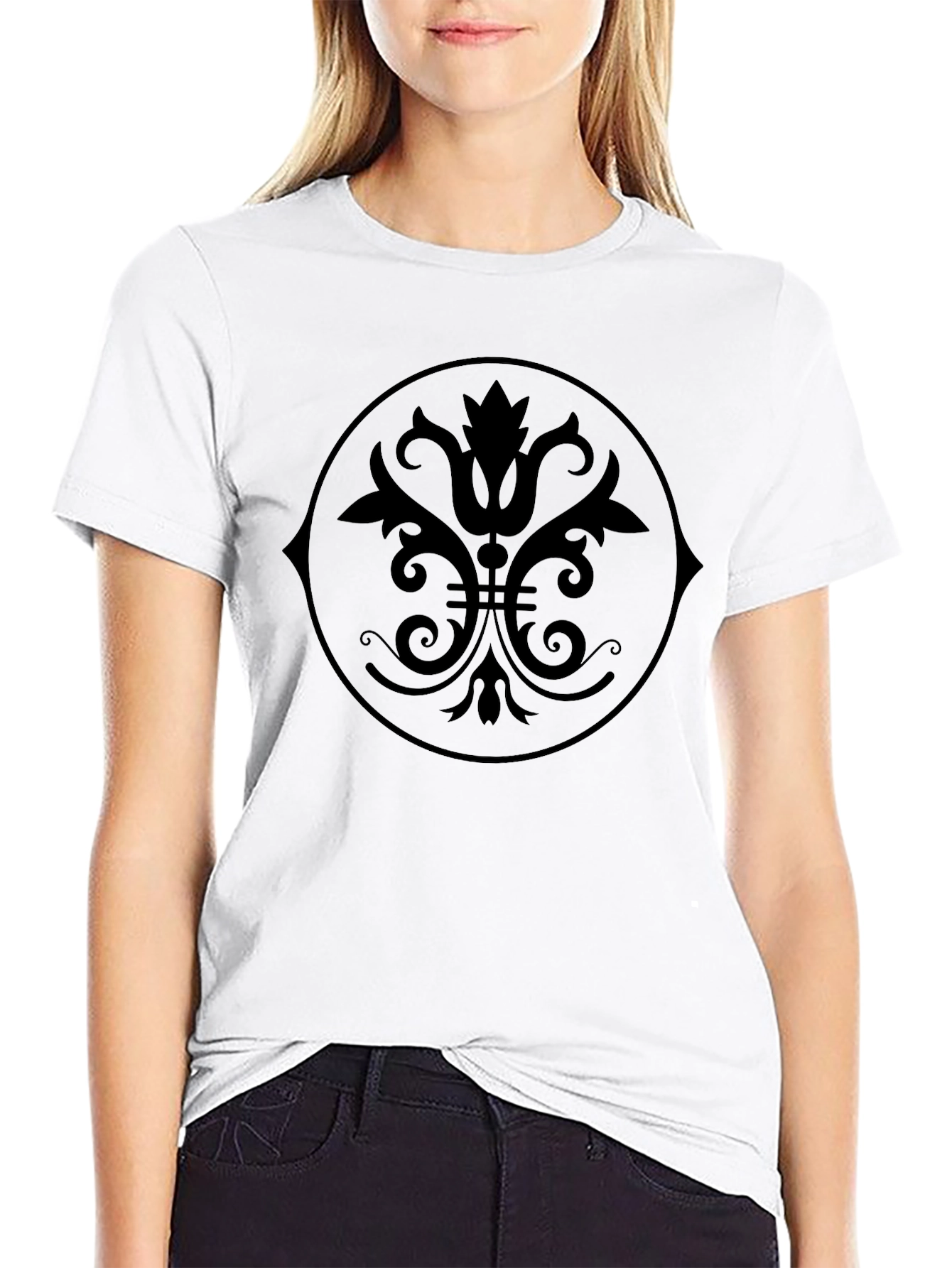 Black Graphic Tee - Floral Medallion Design