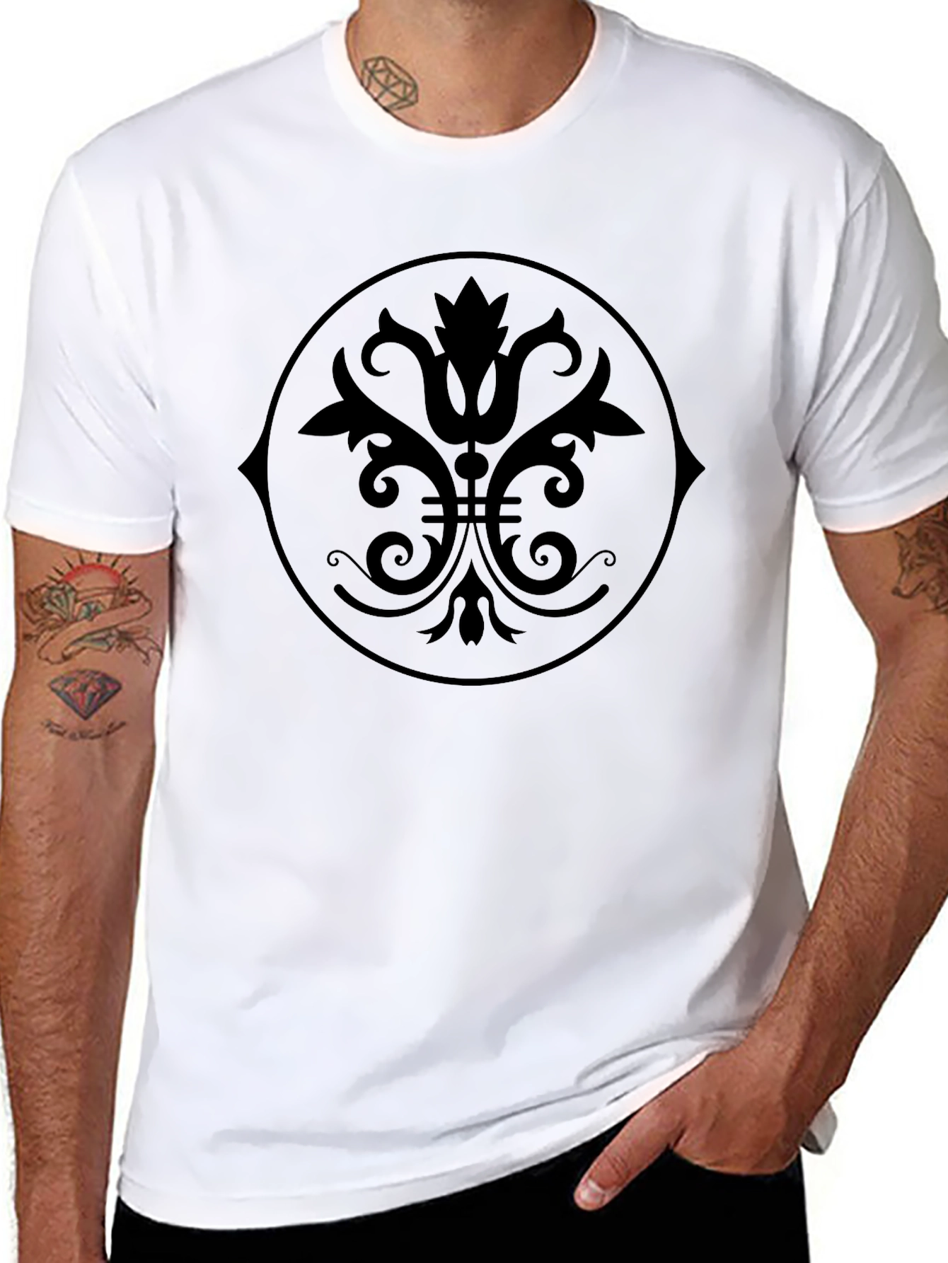 Black Graphic Tee - Floral Medallion Design