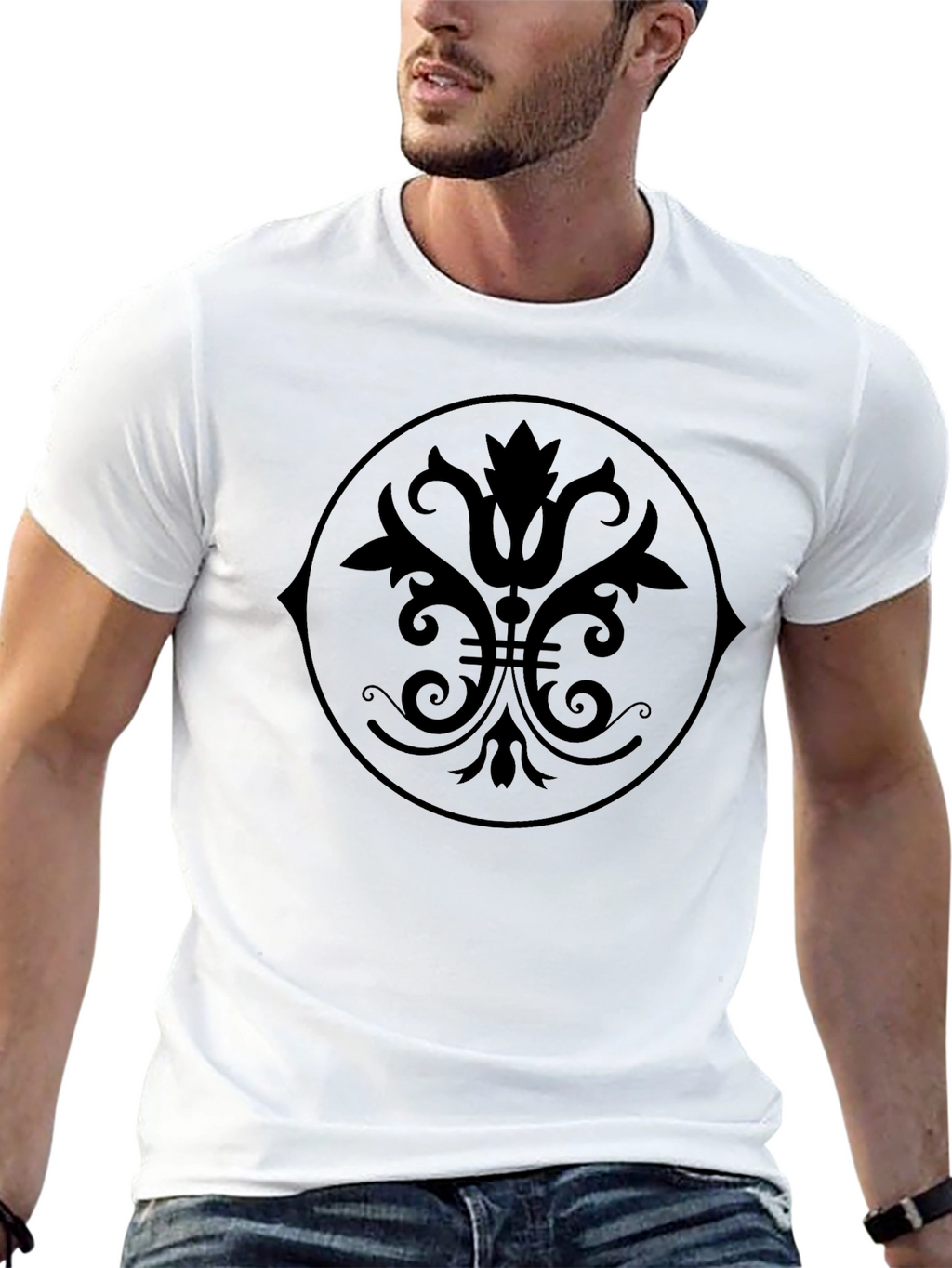 Black Graphic Tee - Floral Medallion Design