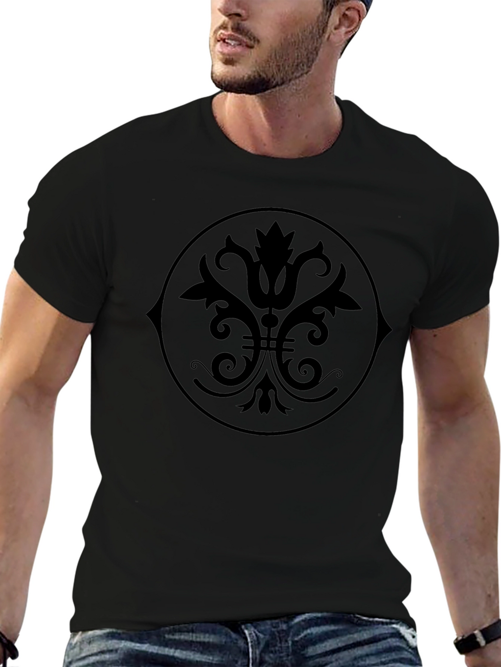 Black Graphic Tee - Floral Medallion Design