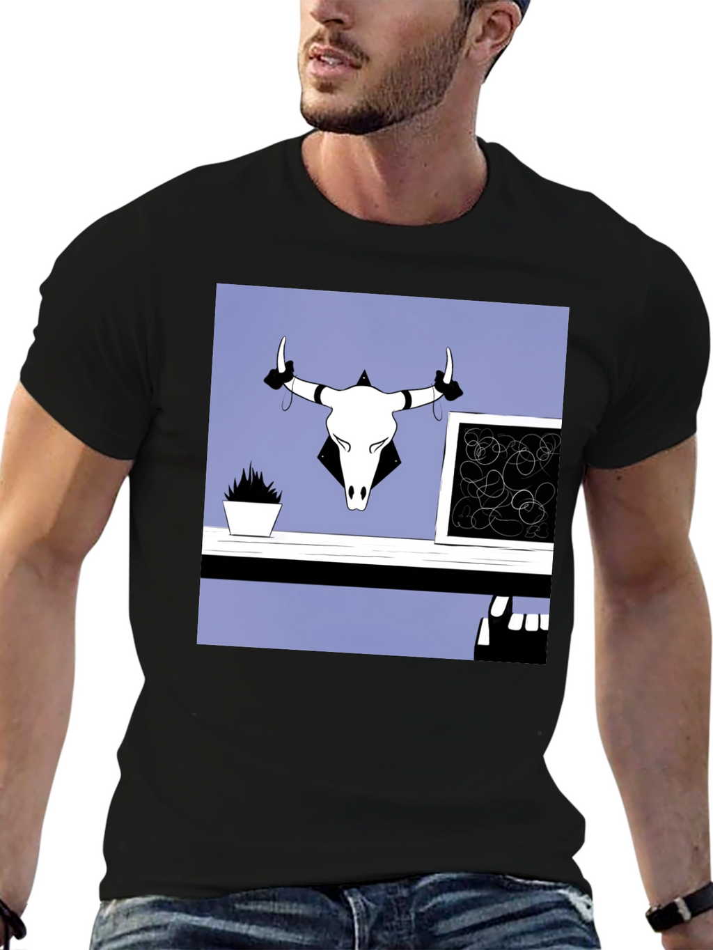Graphic Tee with Bull Skull Art