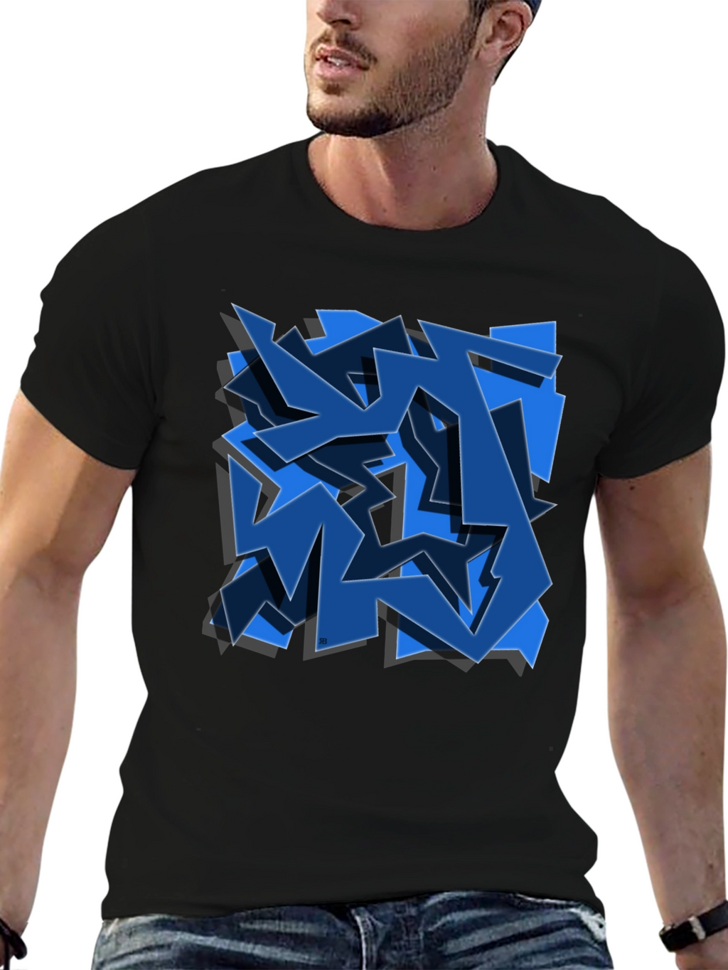 Abstract Blue Graffiti Art Black T-Shirt
