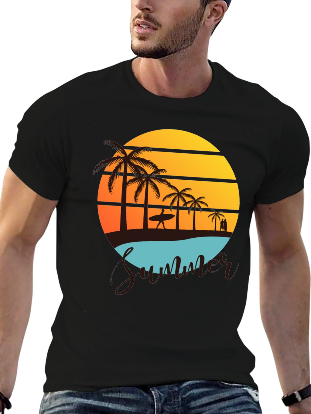 Summer Beach Graphic Tee - Palm Trees & Sunset