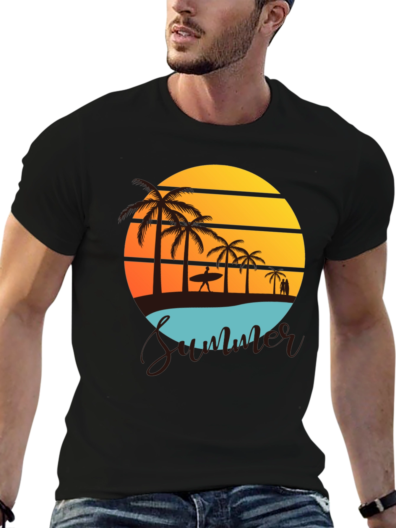 Summer Beach Graphic Tee - Palm Trees & Sunset