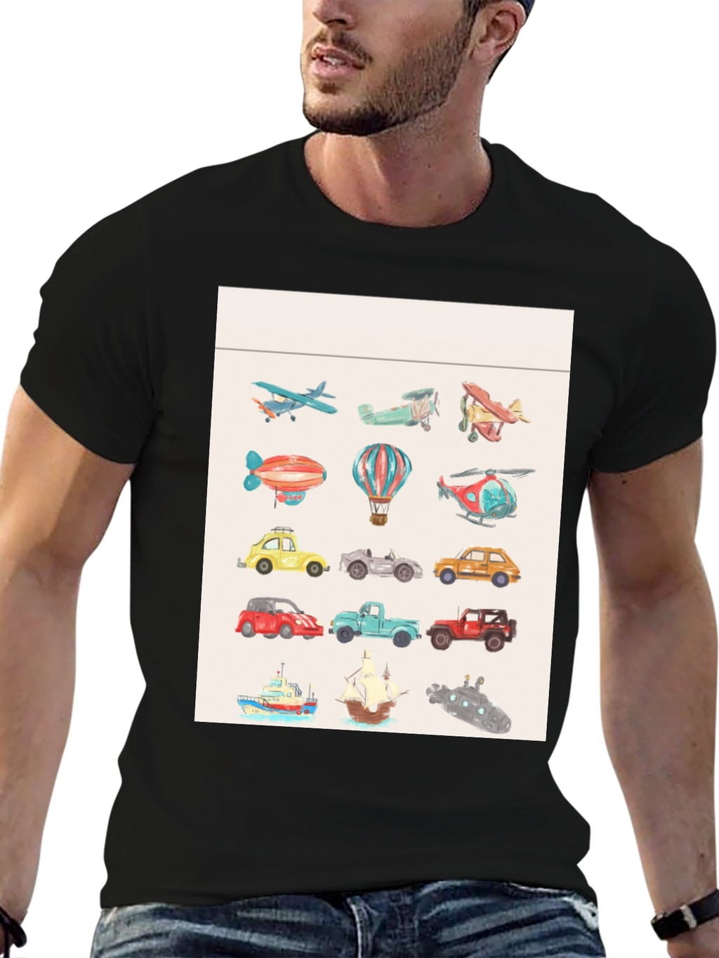 Vehicles Pattern Black T-Shirt