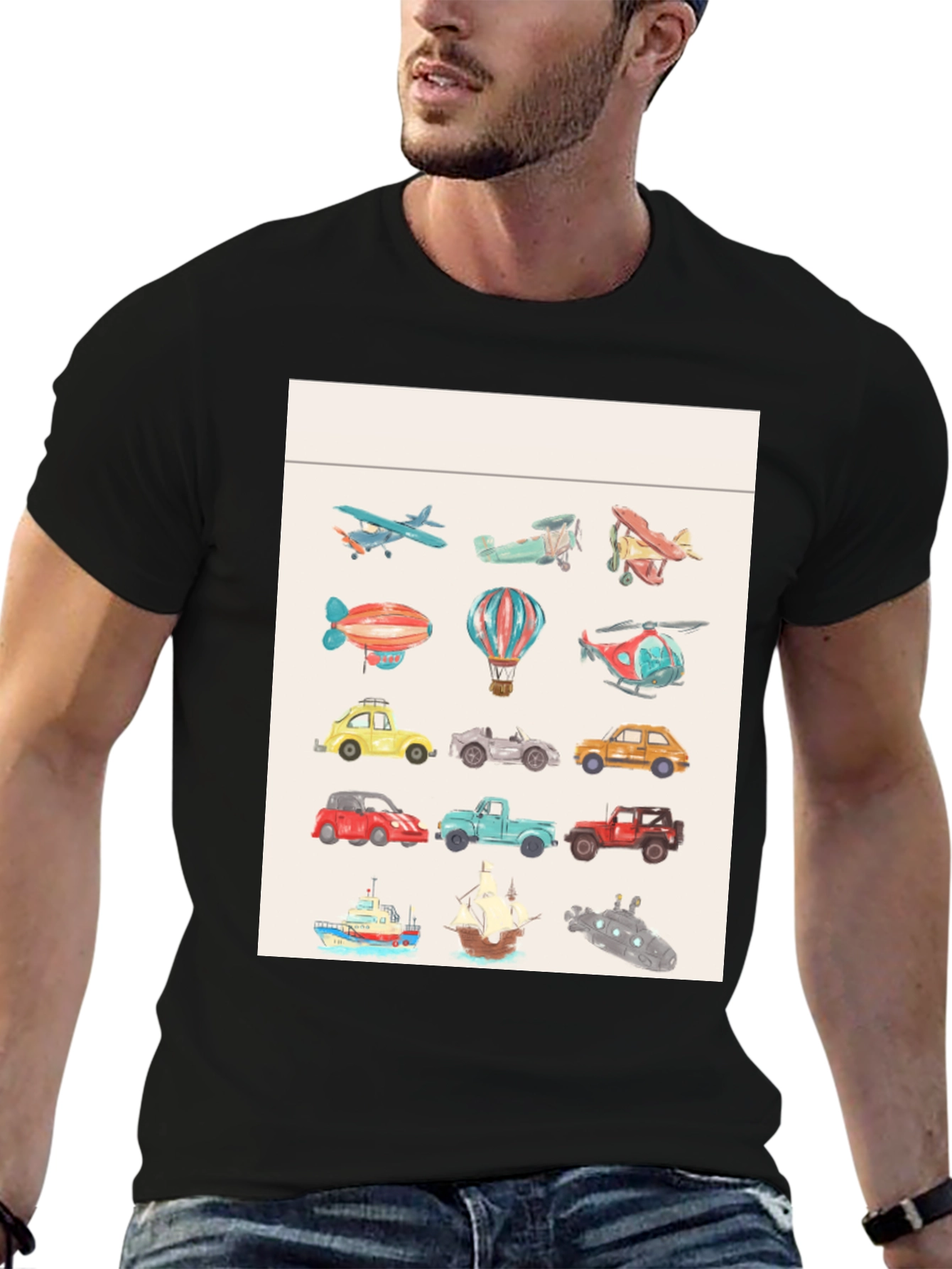 Vehicles Pattern Black T-Shirt