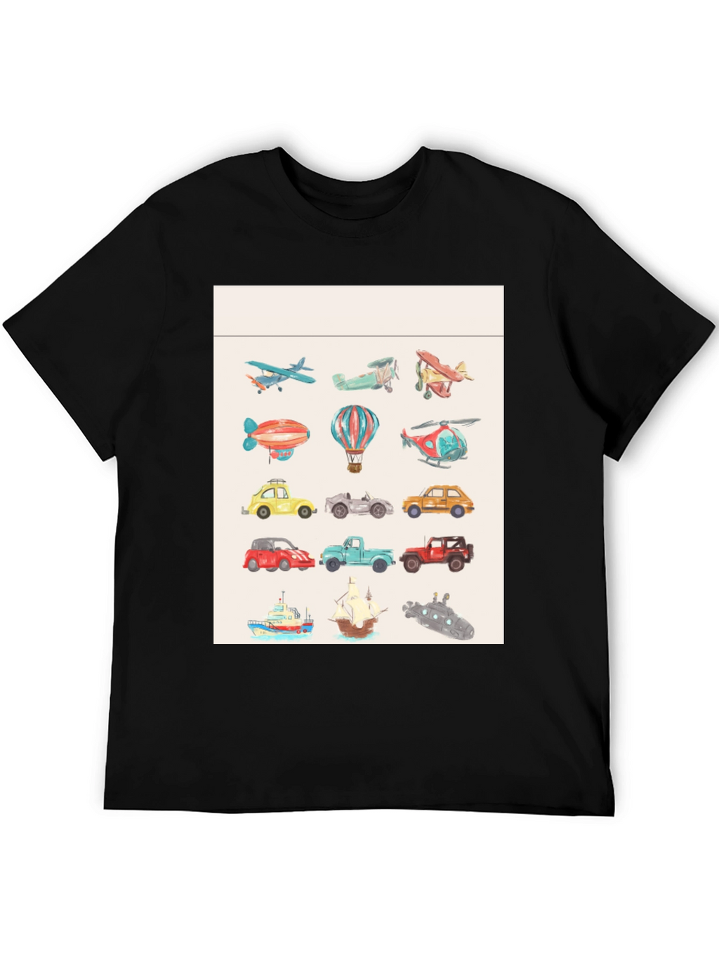 Vehicles Pattern Black T-Shirt