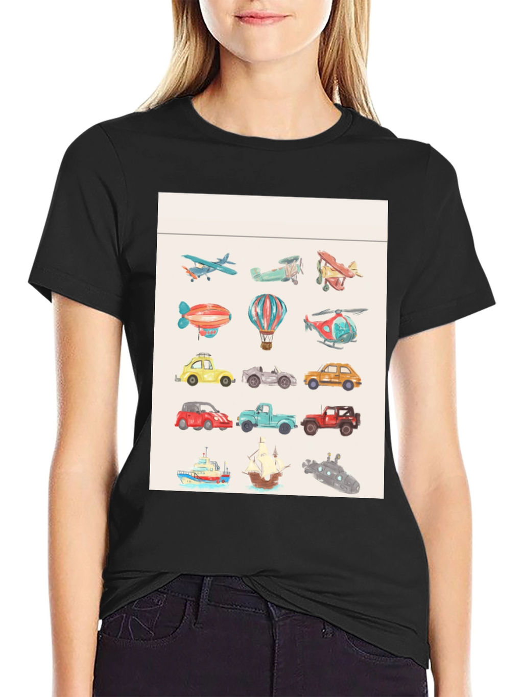Vehicles Pattern Black T-Shirt