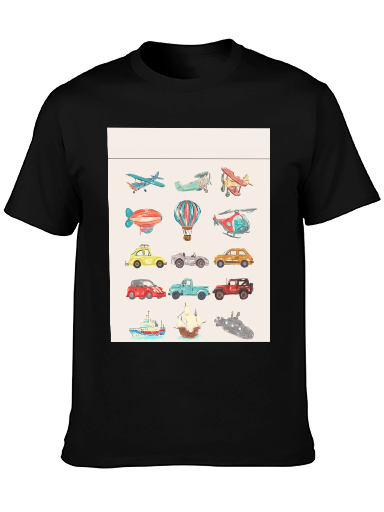 Vehicles Pattern Black T-Shirt