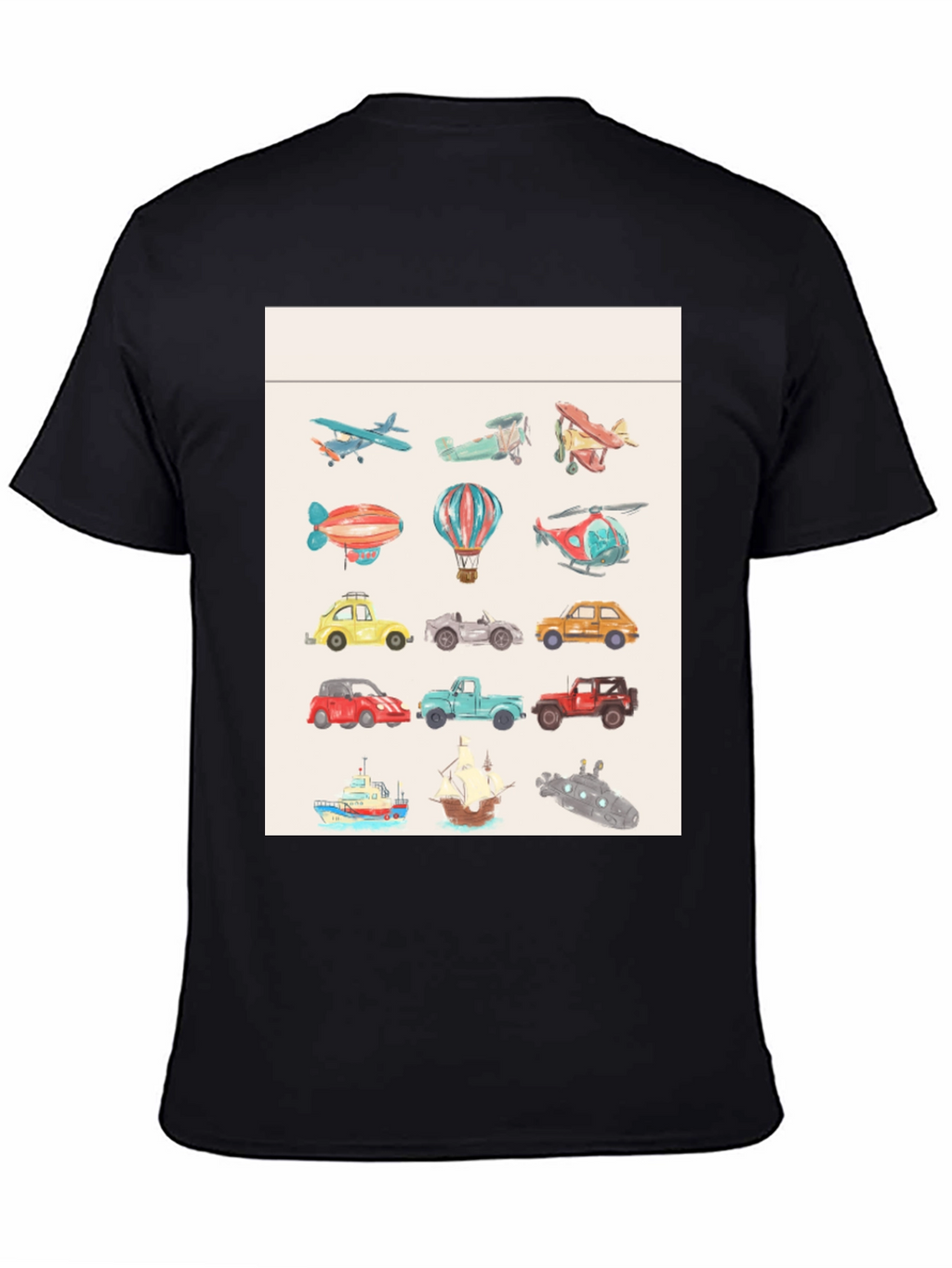 Vehicles Pattern Black T-Shirt