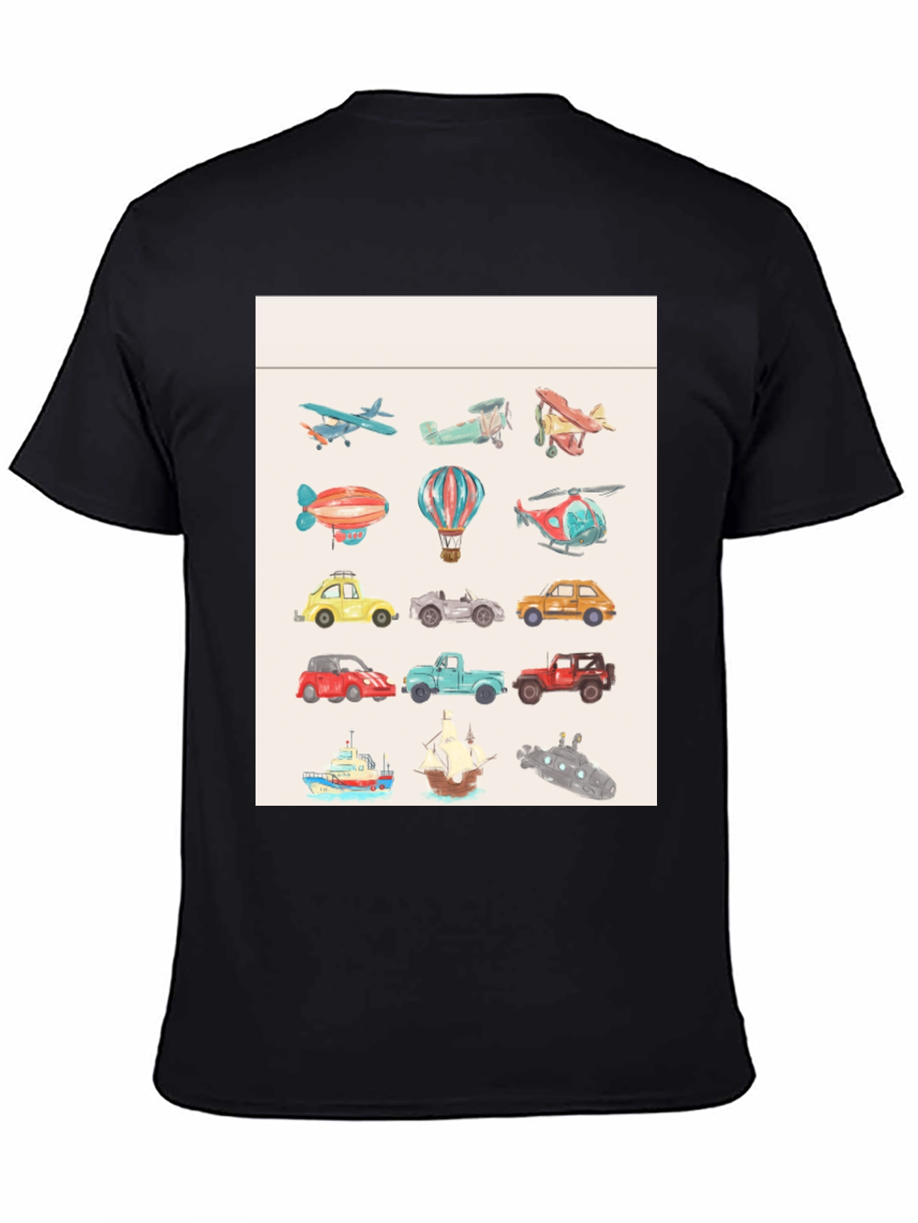 Vehicles Pattern Black T-Shirt