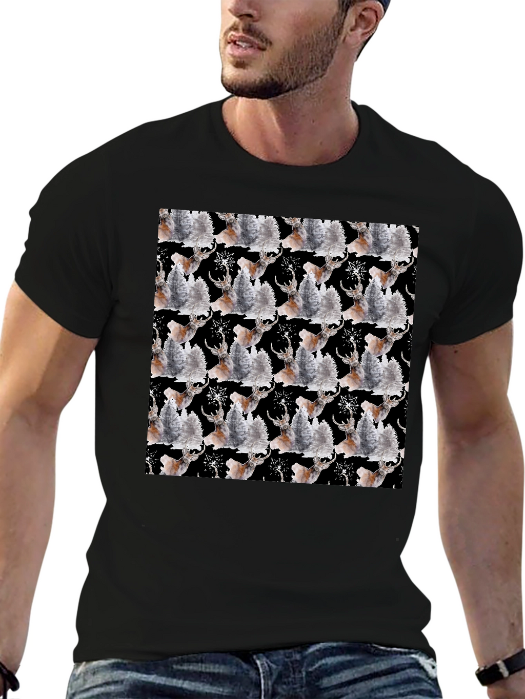 Reindeer Pattern Black T-Shirt