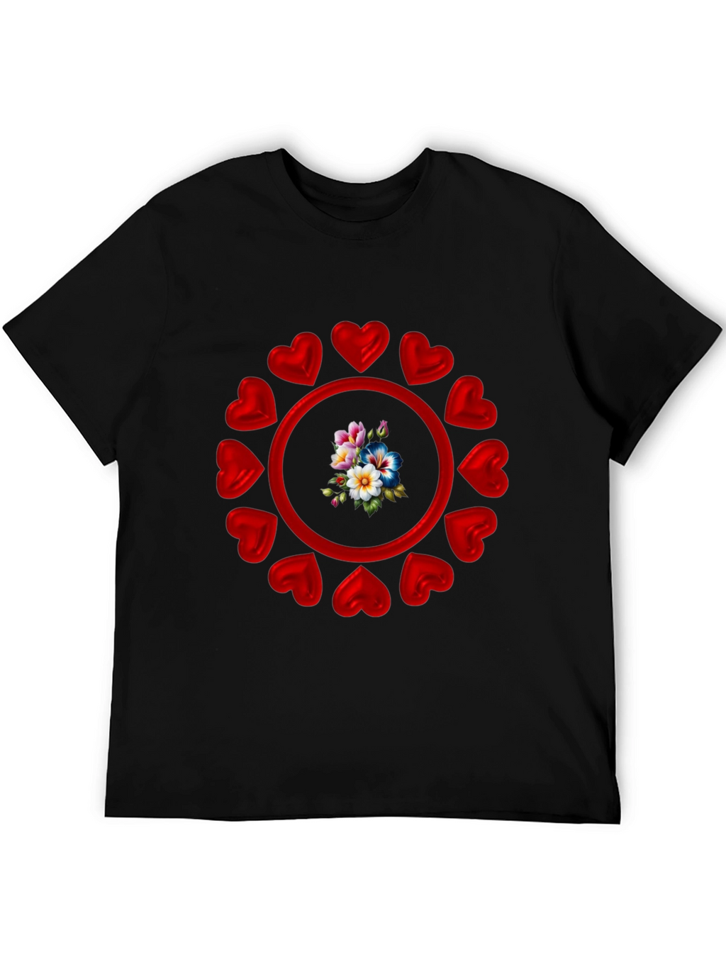 Heart Circle Flower Graphic Black T-Shirt