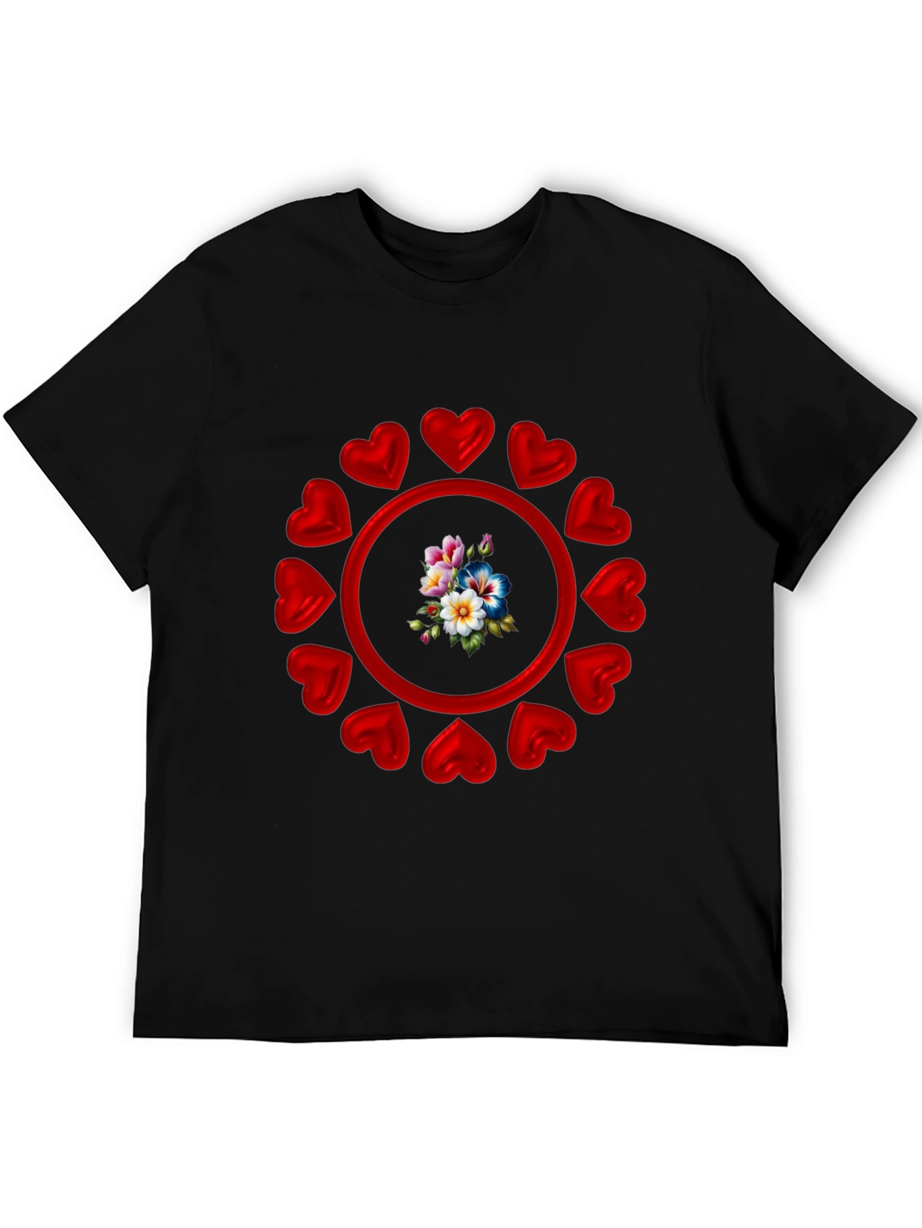 Heart Circle Flower Graphic Black T-Shirt