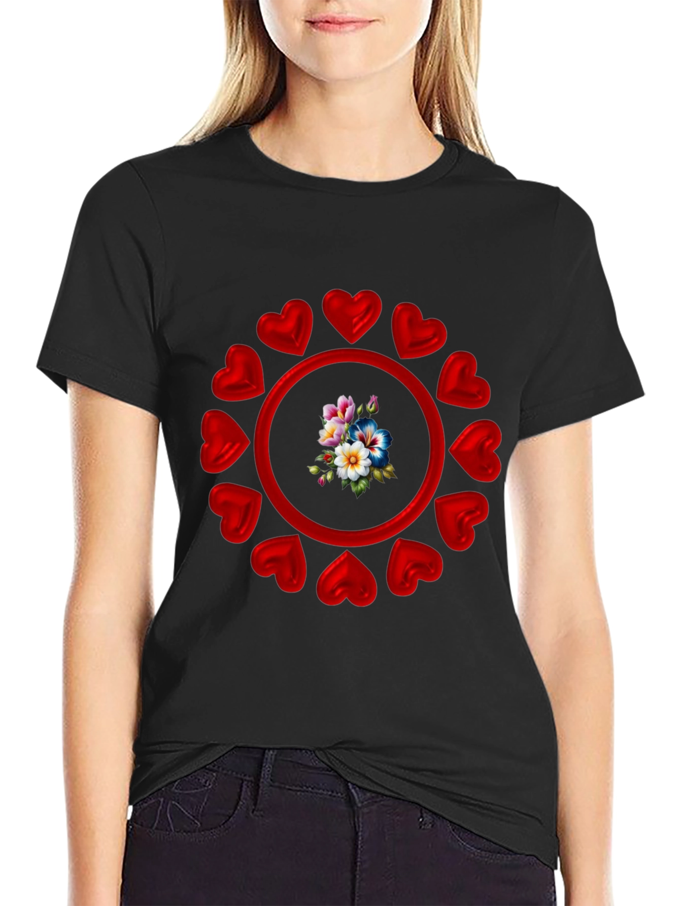 Heart Circle Flower Graphic Black T-Shirt