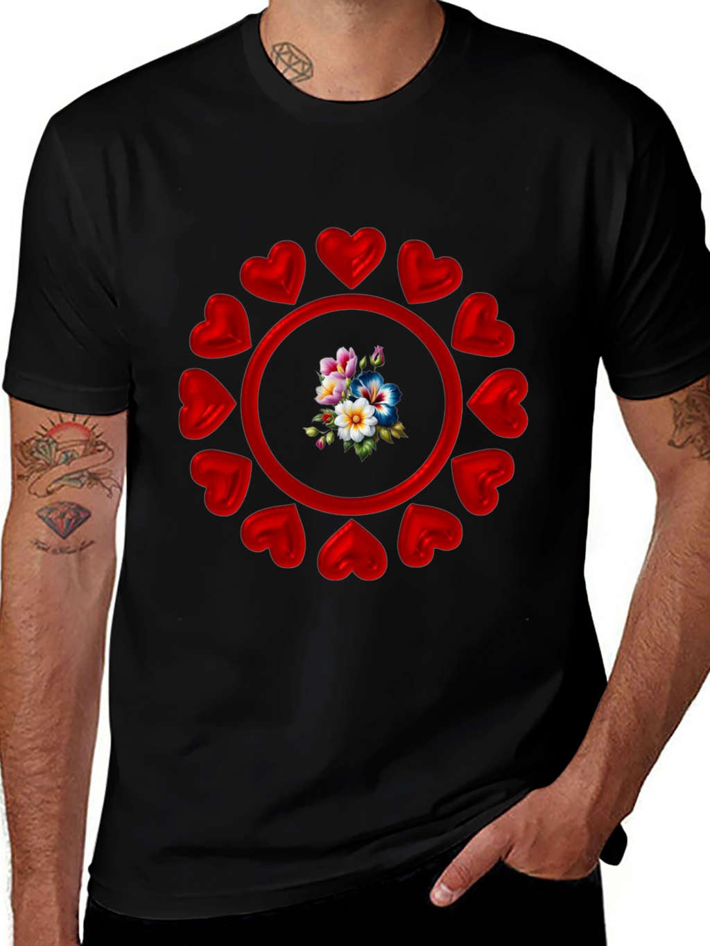 Heart Circle Flower Graphic Black T-Shirt