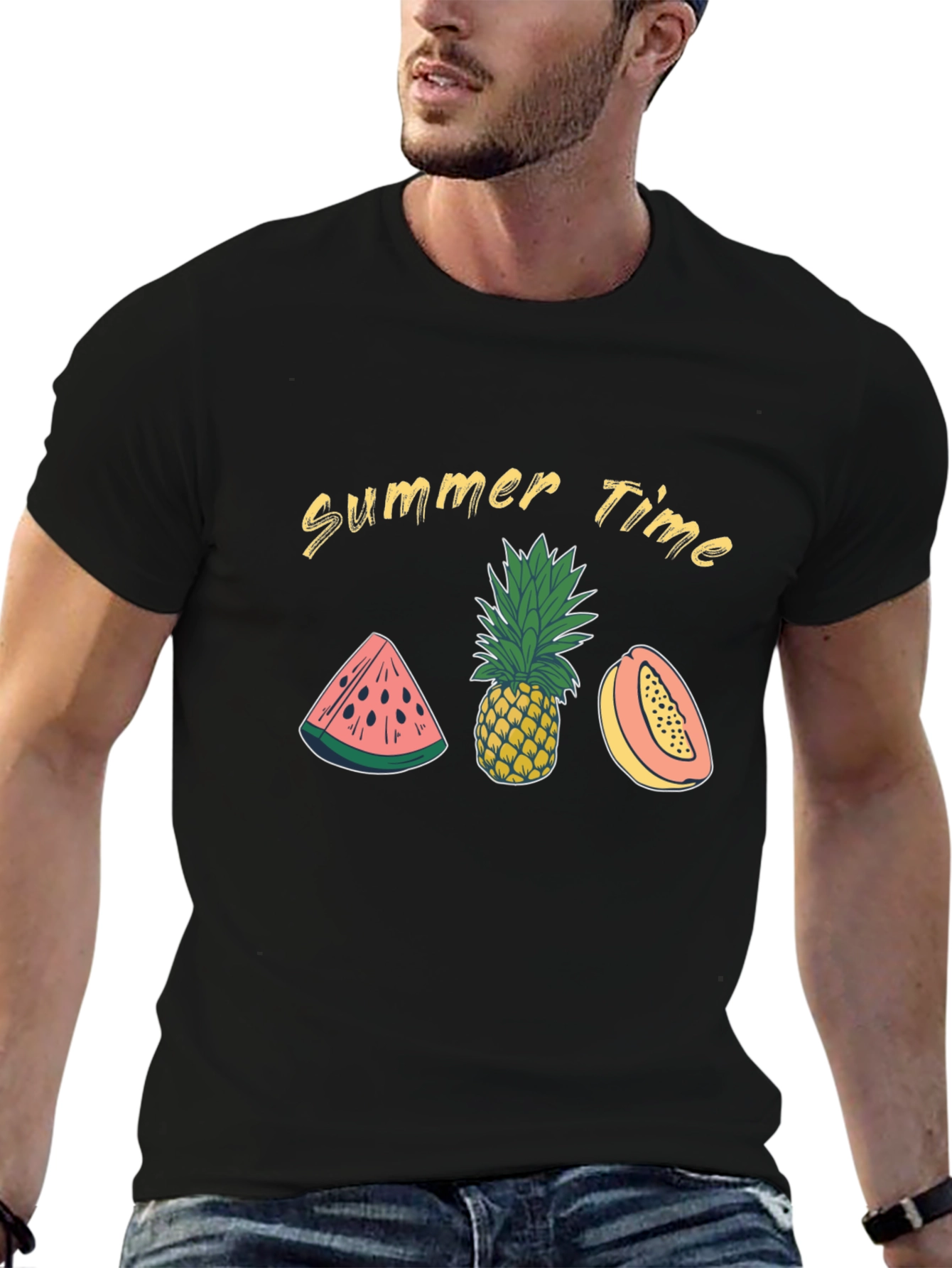 Summer Time Fruit Graphic Black T-Shirt
