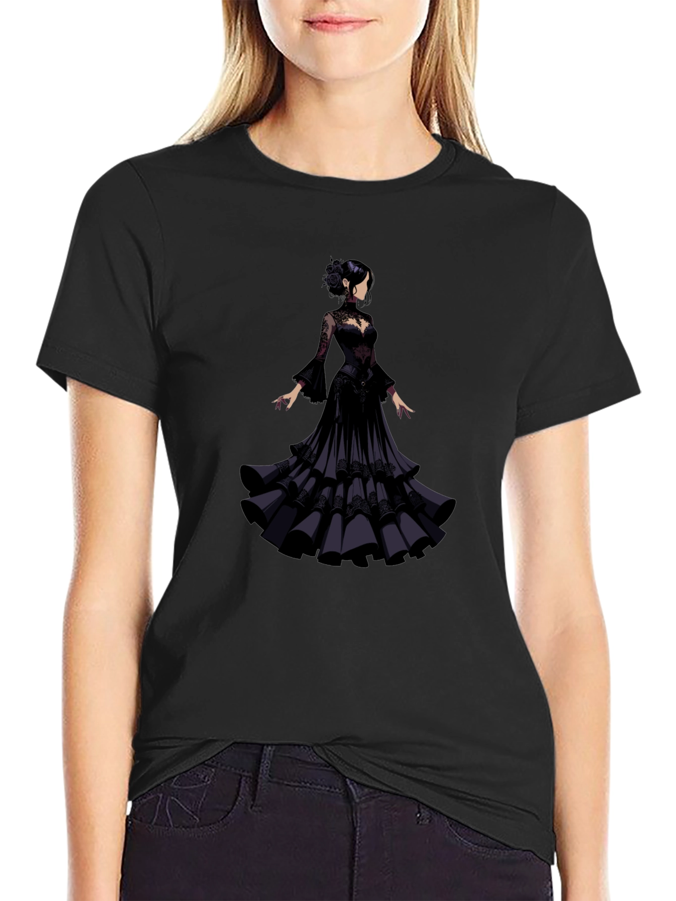 Elegant Woman in Black Gown T-Shirt