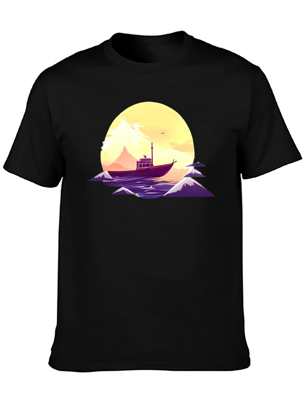 Sunset Boat Graphic Tee - Black Cotton T-Shirt