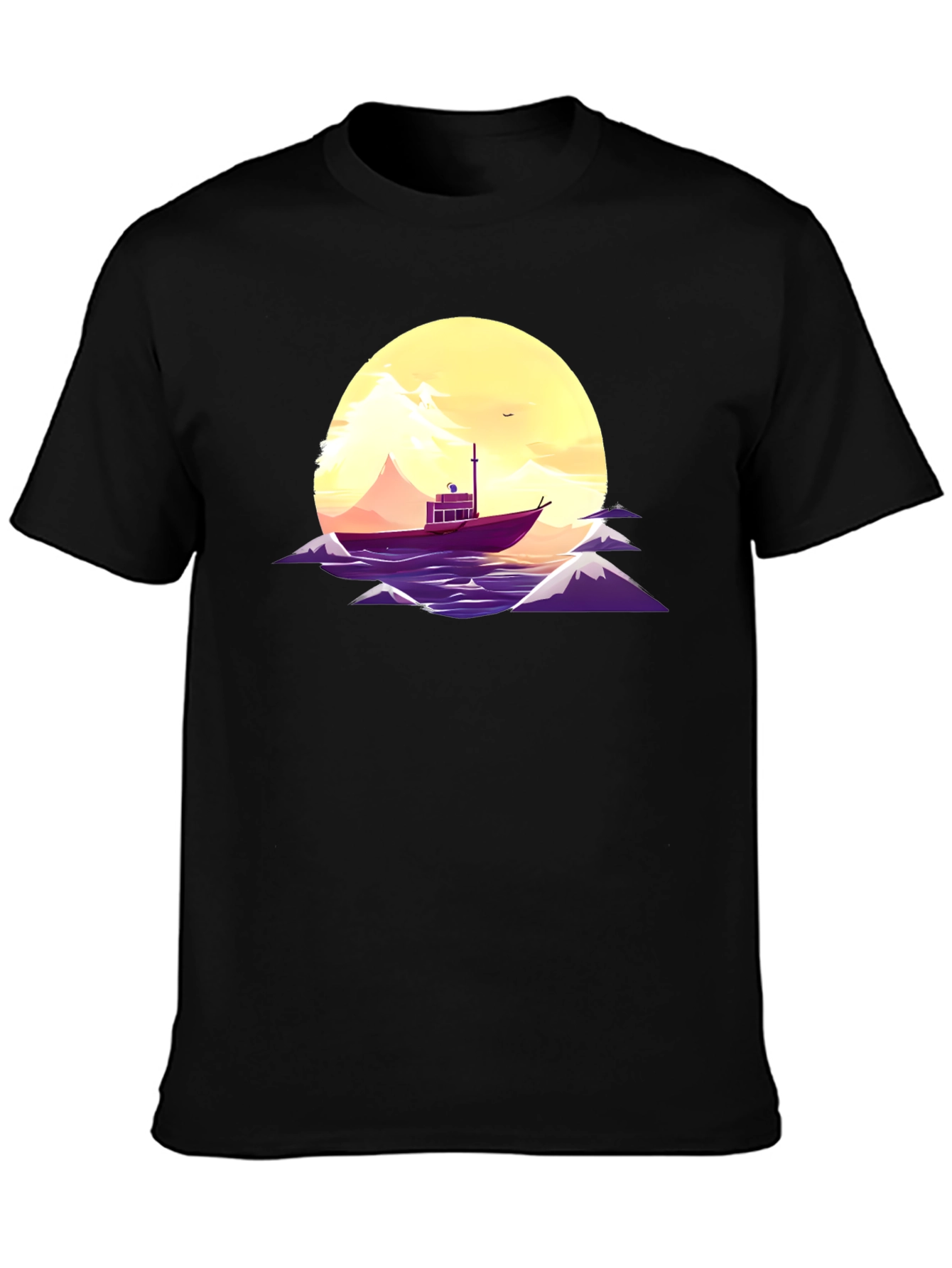 Sunset Boat Graphic Tee - Black Cotton T-Shirt