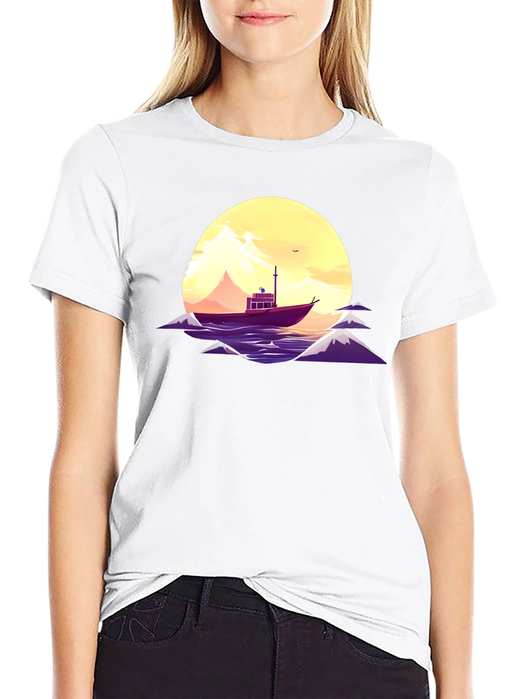 Sunset Boat Graphic Tee - Black Cotton T-Shirt