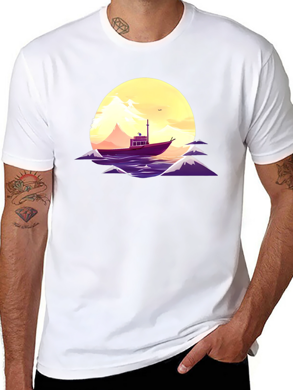 Sunset Boat Graphic Tee - Black Cotton T-Shirt