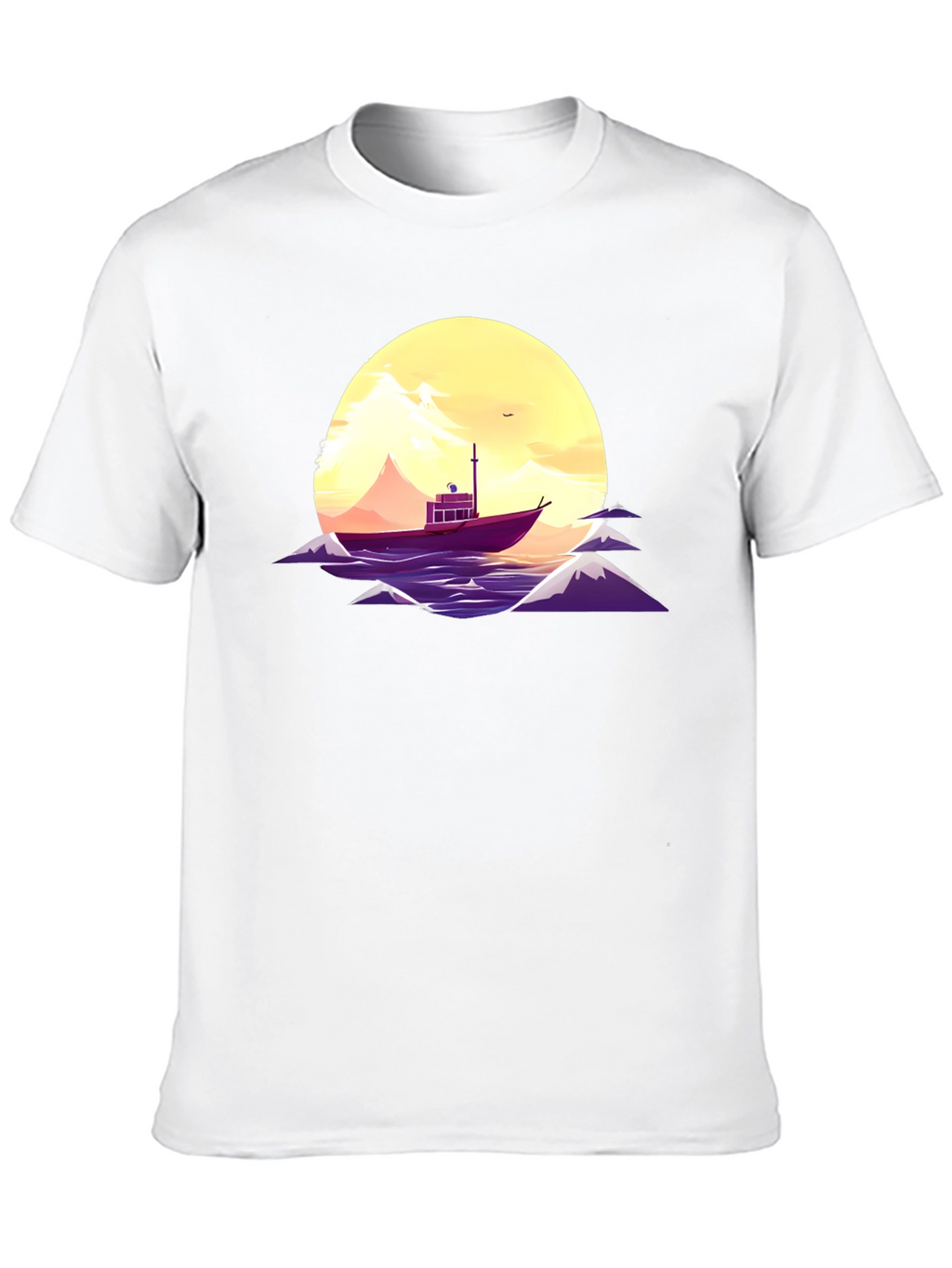 Sunset Boat Graphic Tee - Black Cotton T-Shirt