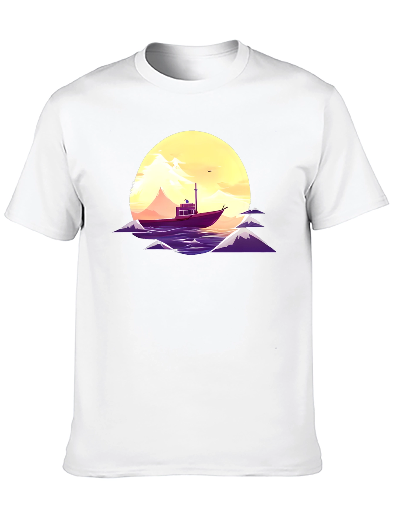 Sunset Boat Graphic Tee - Black Cotton T-Shirt