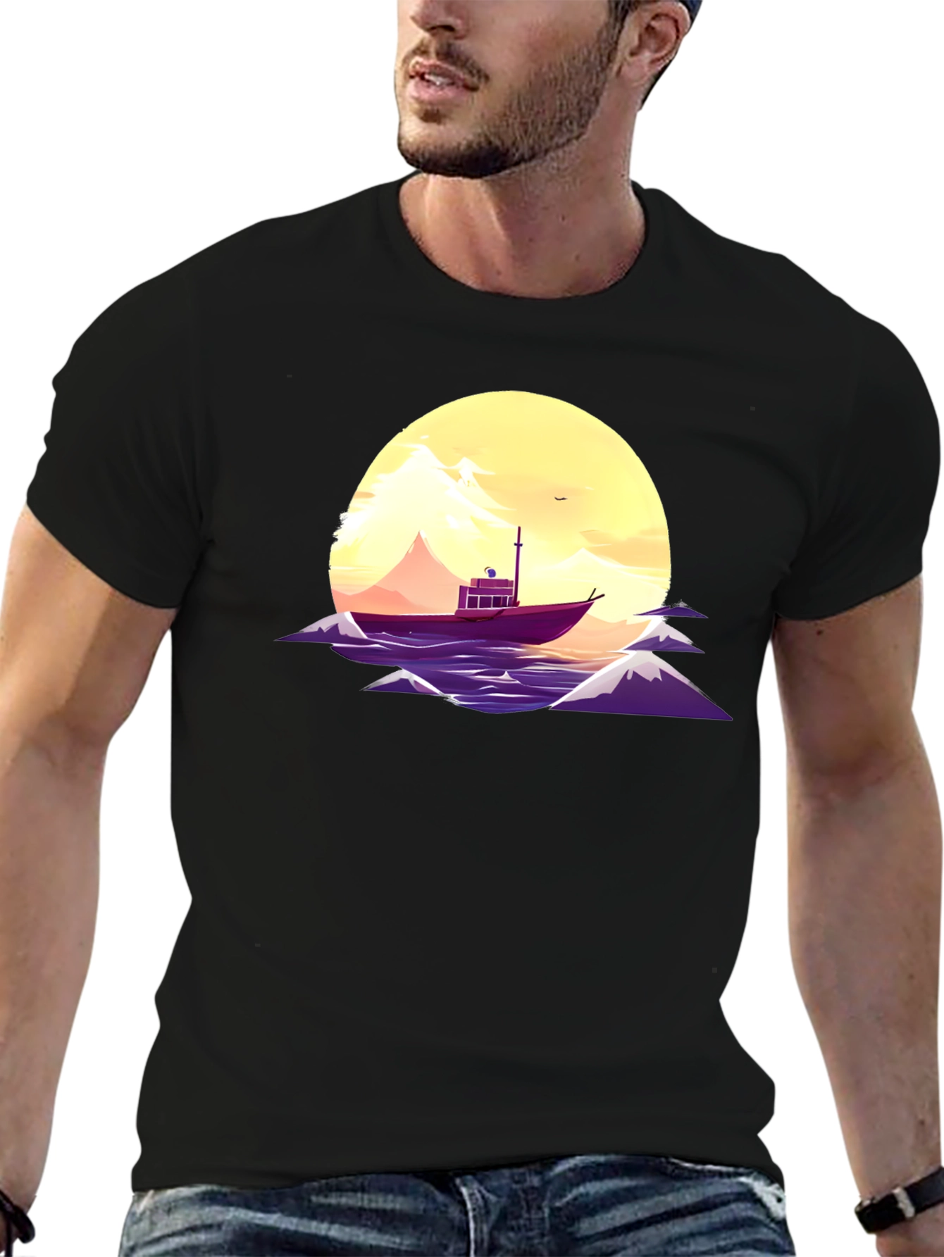 Sunset Boat Graphic Tee - Black Cotton T-Shirt