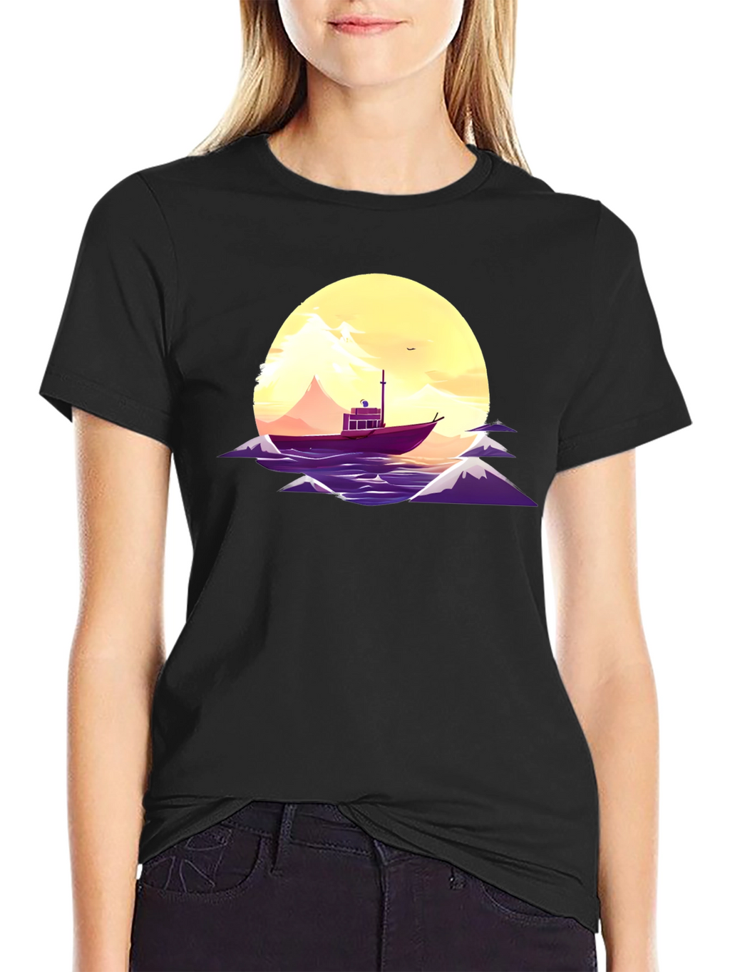 Sunset Boat Graphic Tee - Black Cotton T-Shirt