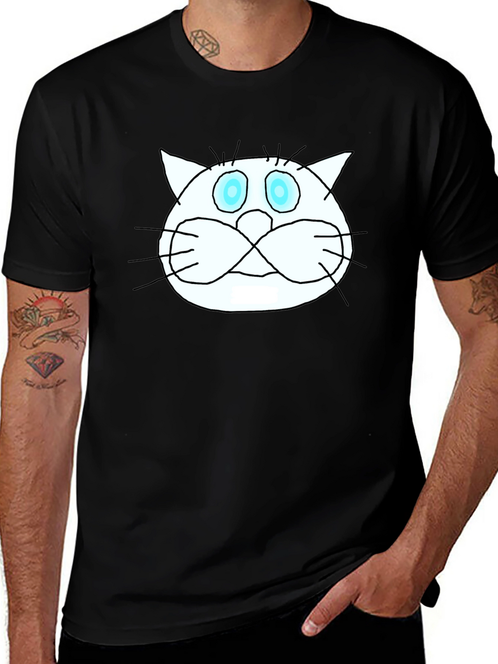 Funny Cat Graphic Tee - Black Crew Neck T-Shirt