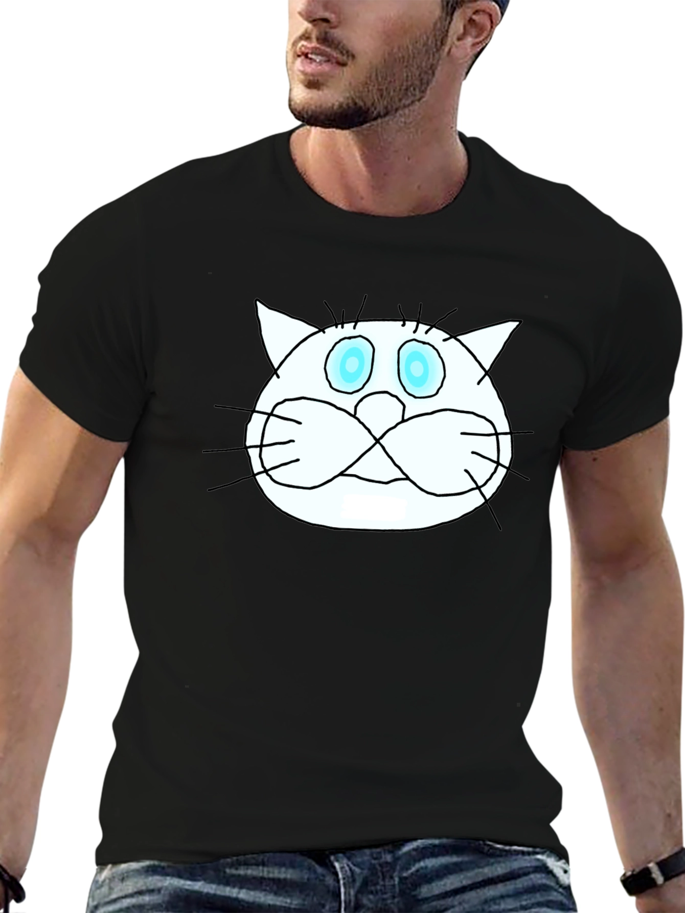 Funny Cat Graphic Tee - Black Crew Neck T-Shirt