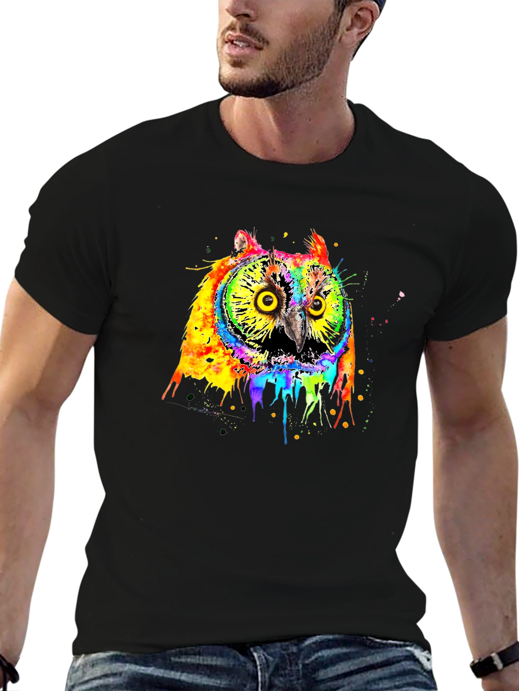 Rainbow Owl Graphic Black T-Shirt