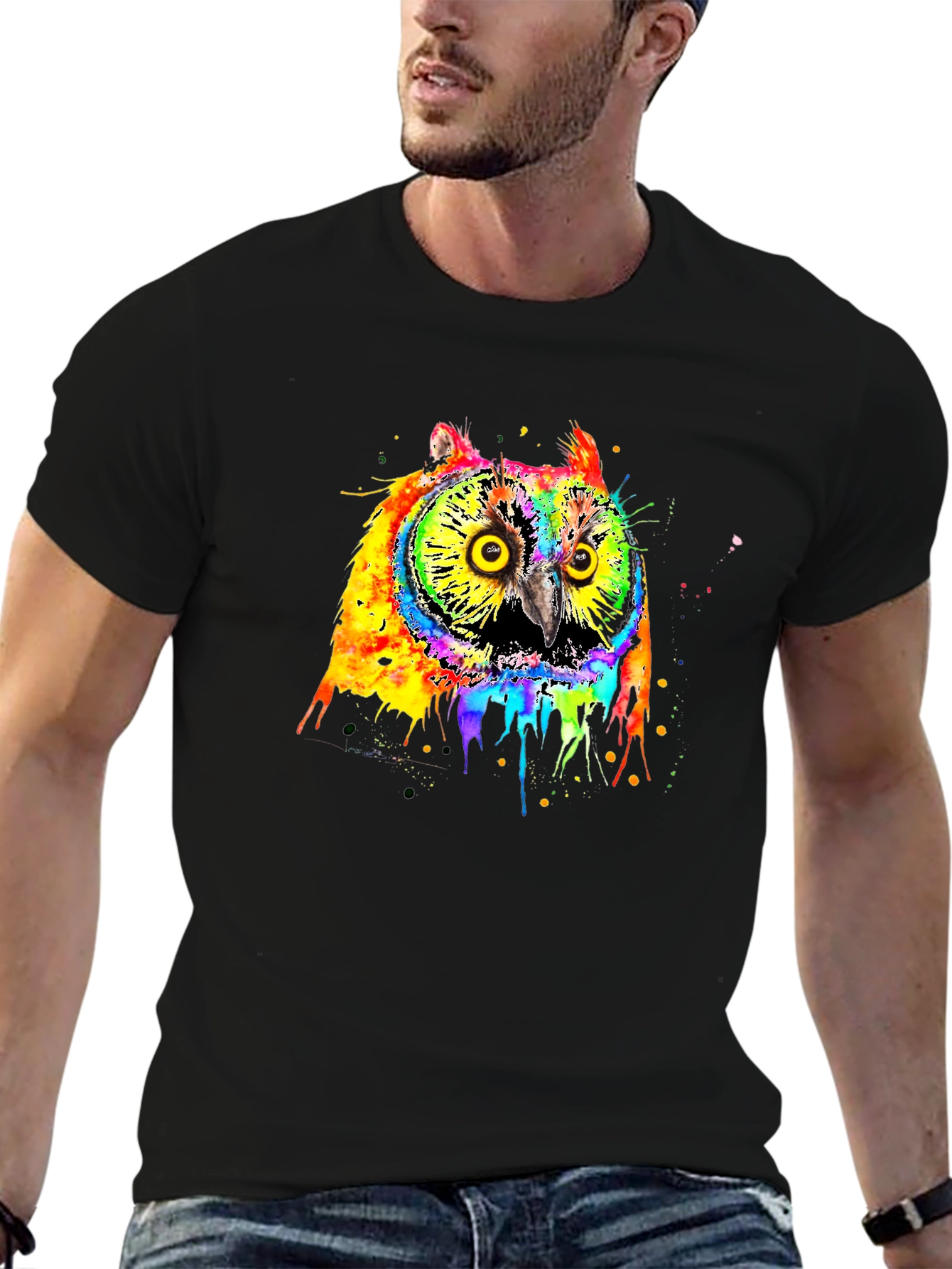 Rainbow Owl Graphic Black T-Shirt
