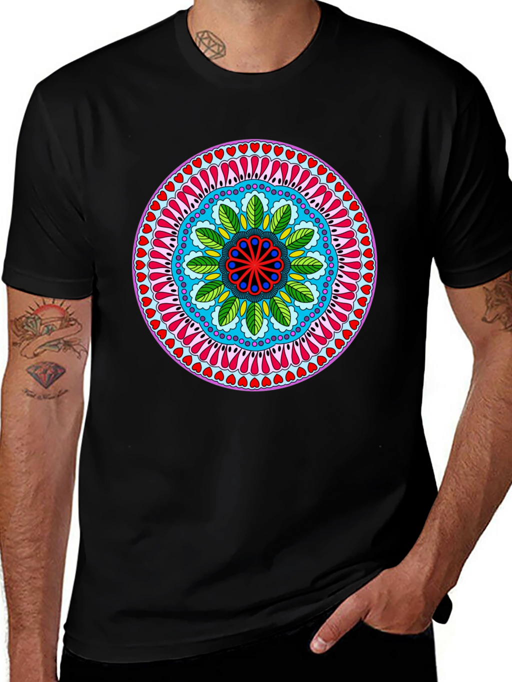 Vibrant Mandala Print Black T-Shirt