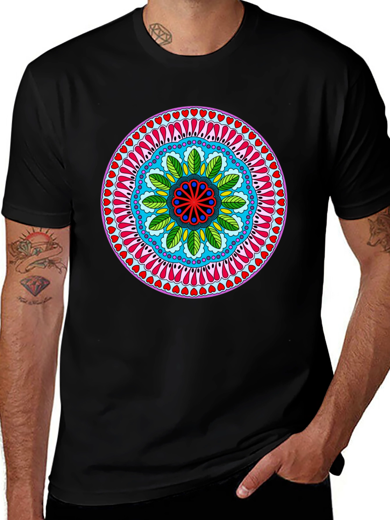 Vibrant Mandala Print Black T-Shirt