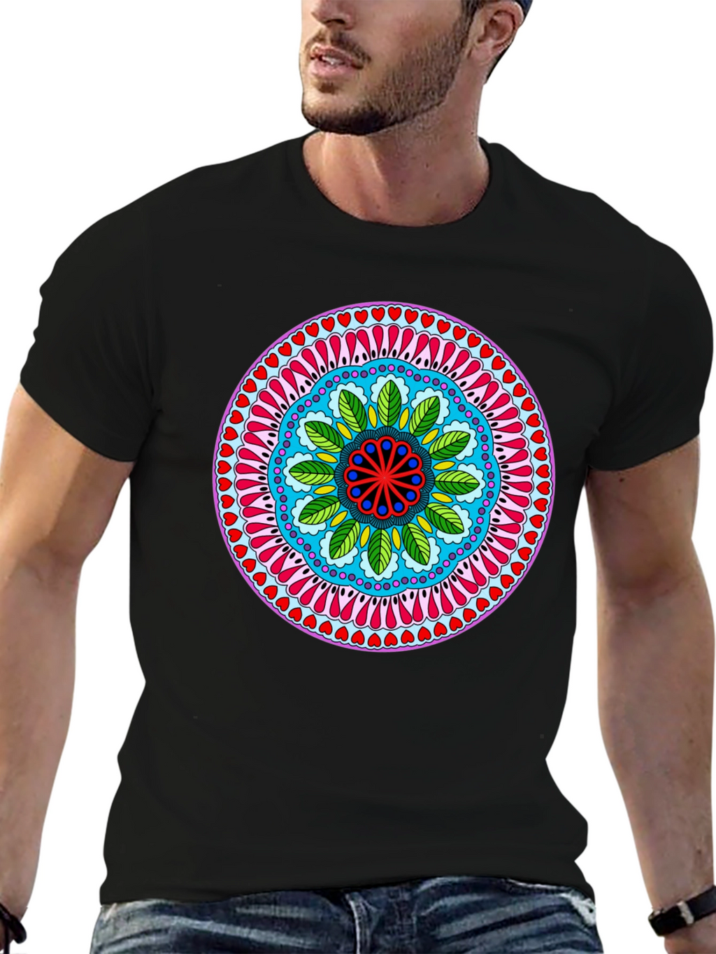 Vibrant Mandala Print Black T-Shirt