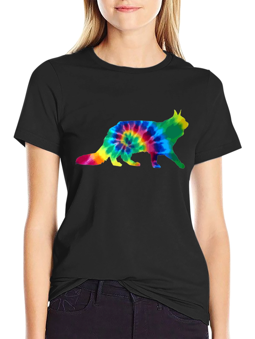 Tie Dye Cat Graphic Tee - Unisex Black T-Shirt