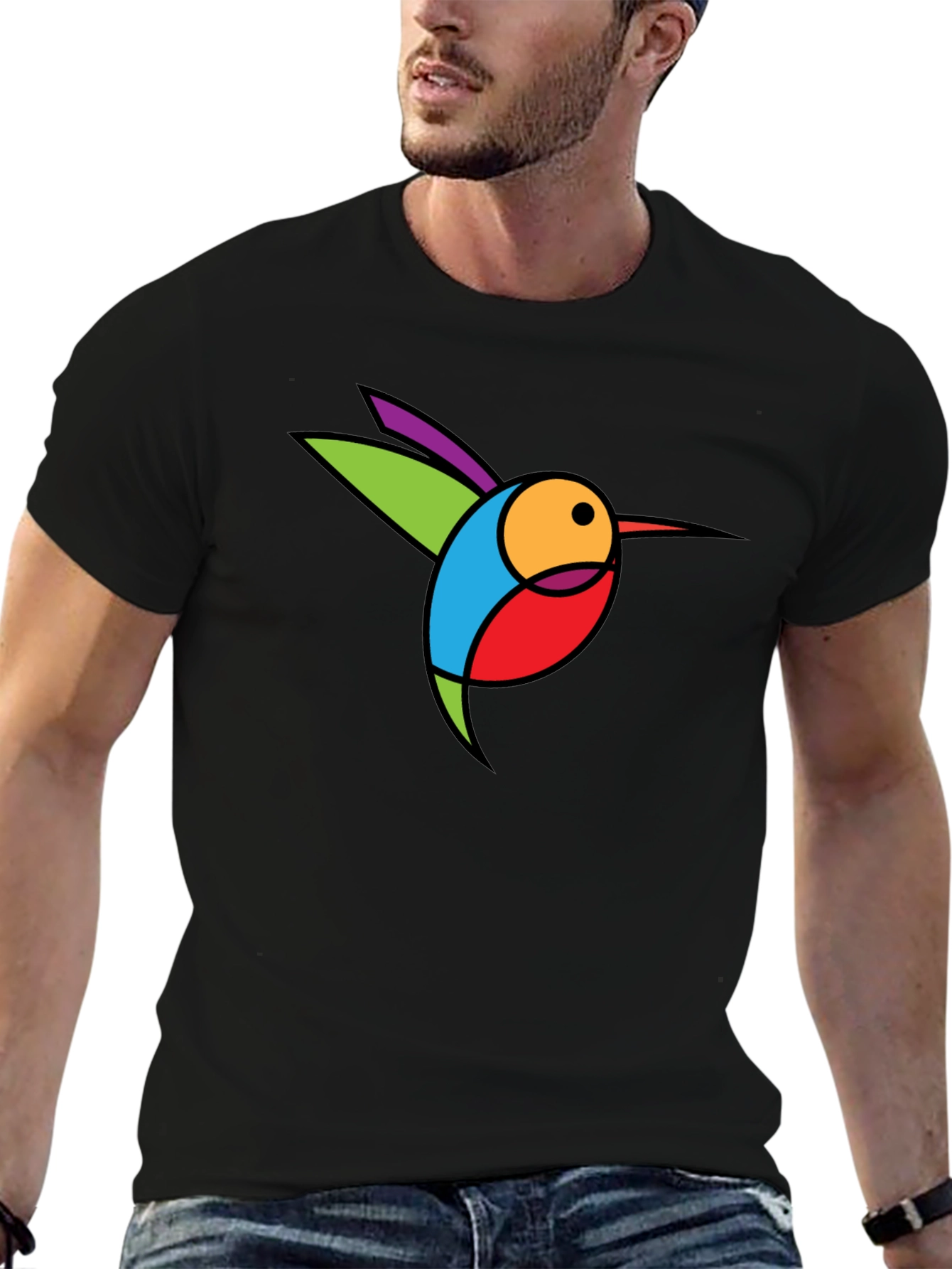 Abstract Hummingbird Graphic Black T-Shirt