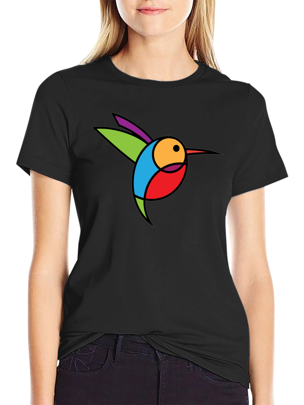 Abstract Hummingbird Graphic Black T-Shirt