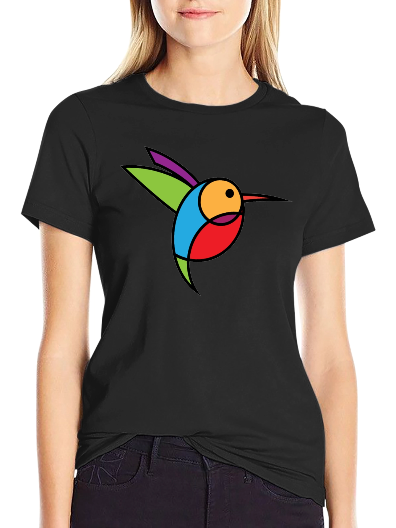 Abstract Hummingbird Graphic Black T-Shirt