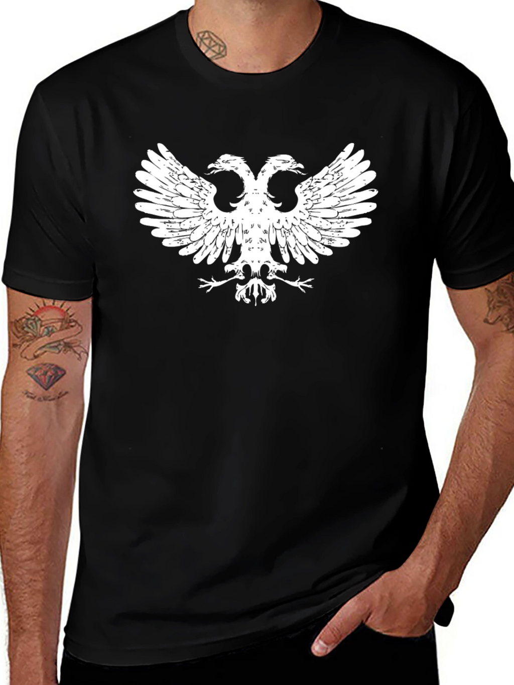Black T-Shirt with White Double-Headed Eagle Graphic