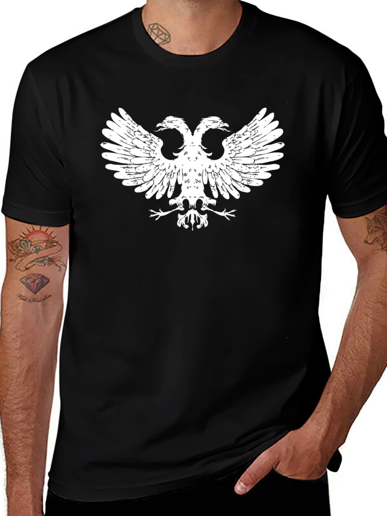Black T-Shirt with White Double-Headed Eagle Graphic