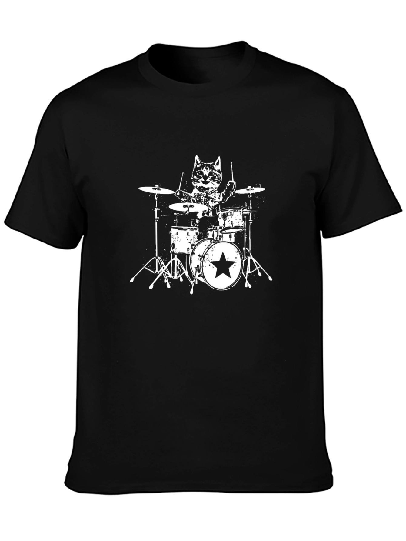 Cat Drummer Black T-Shirt - Rock On!